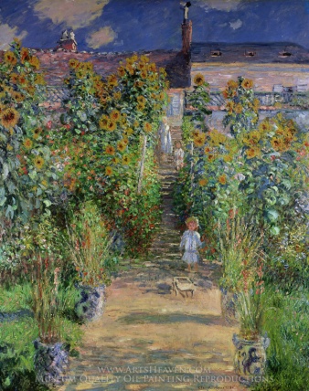In 1881 Monet launched himself into a painting project around Vétheuil. He concentrated primarily on his garden which stretched out in front of his house at a lower level than the road, down to the Seine. This way, he was able to capture on canvas the memory of the places he would soon be leaving. These works compete with each other in terms of luminosity. Monet suggests the downward slope of the ground using the canvas in vertical format and through the play of shadow and light on the ground, which gives the image a feeling of depth and perspective. The figures, Michel Monet and Jean-Pierre Hoschedé, liven up the composition and emphasize the sense of the garden’s vast size in relation to the human scale. But above all, Monet brings together his previous experiments in this work: the fragmented touches of colour illustrate his mastery of the optical mixing technique and make the vegetation shimmer even more vibrantly.
